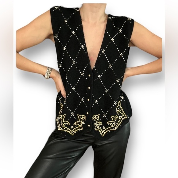 KAREN SCOTT EMBROIDERED SWEATER VEST Silk Wool Angora Size L Black Gold…Boho … - Picture 1 of 13